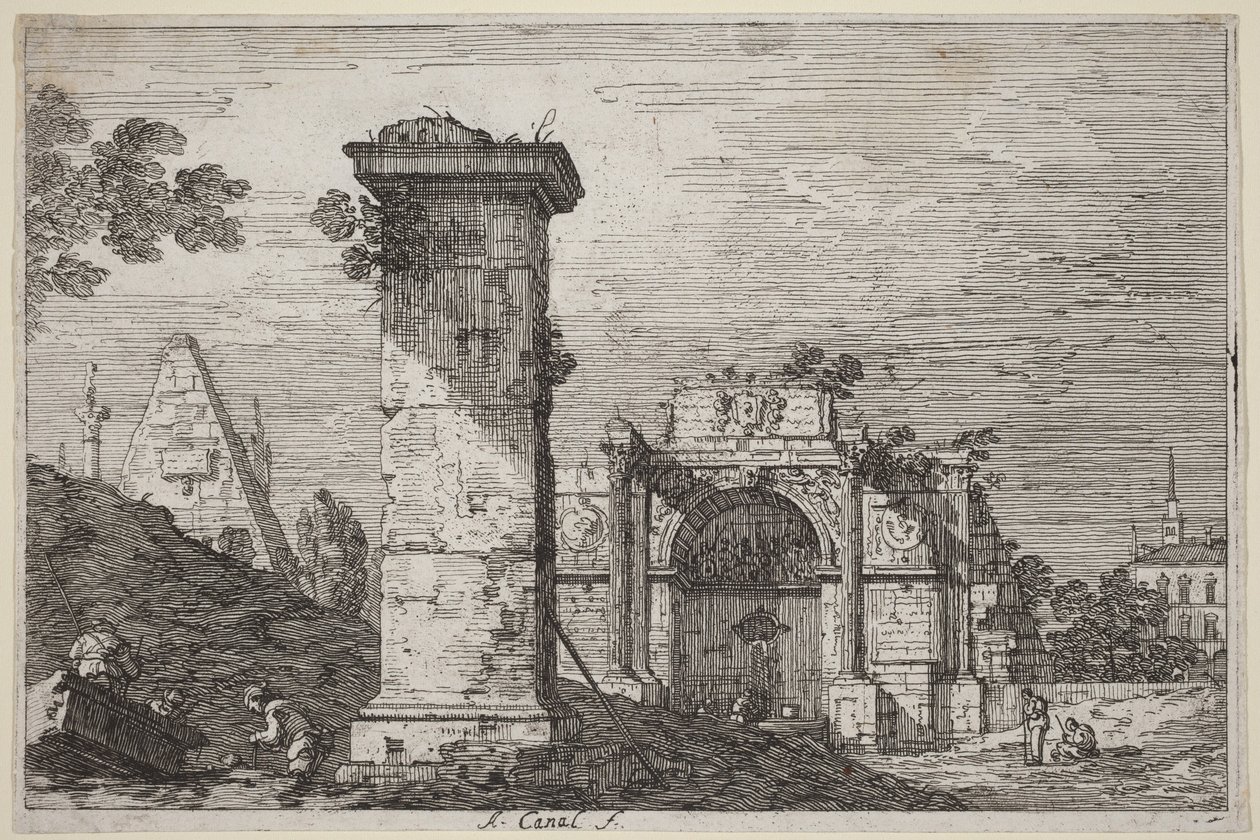 Landskap med monumentruiner av Canaletto