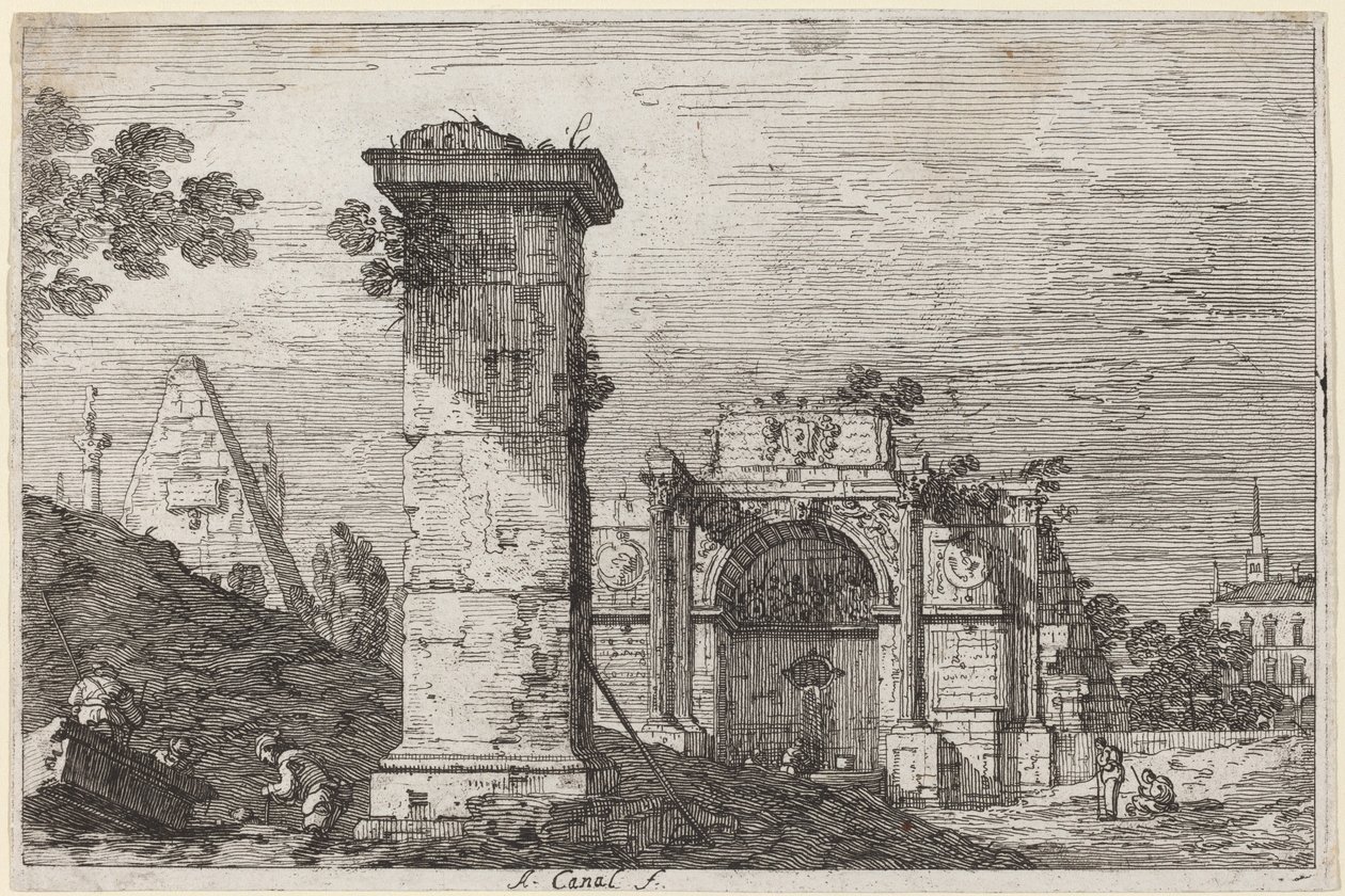 Landskap med ruinerade monument, ca. 17351746. av Canaletto
