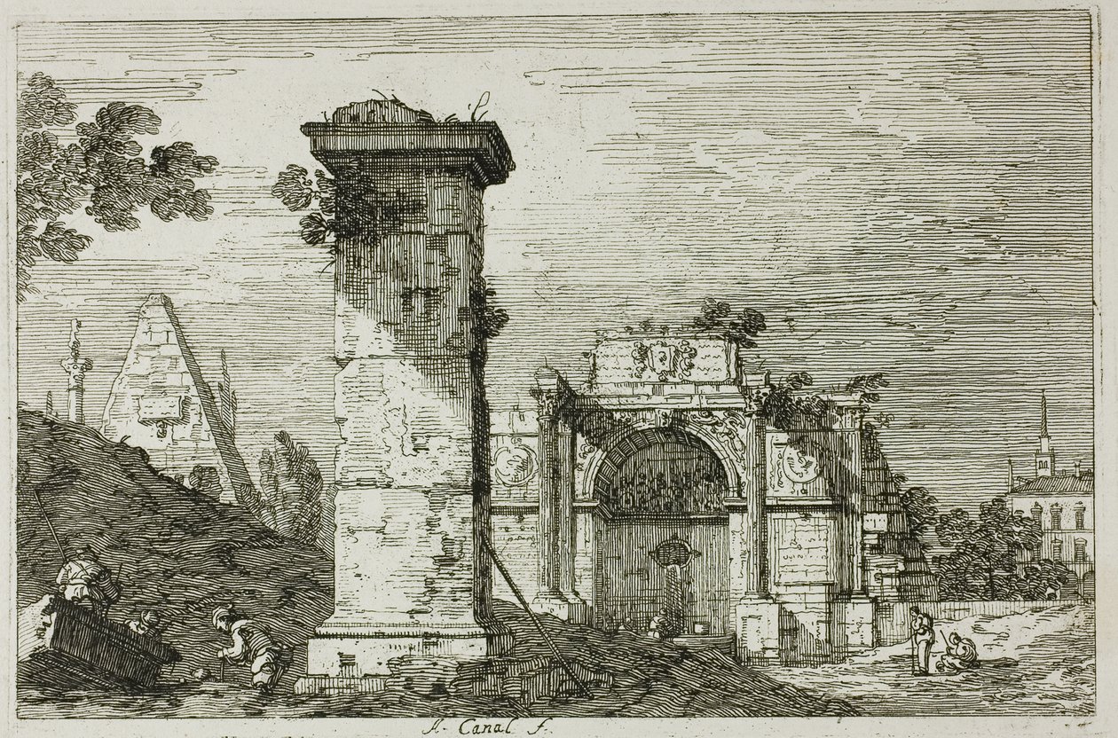 Landskap med ruinerade monument, från Vedute av Canaletto