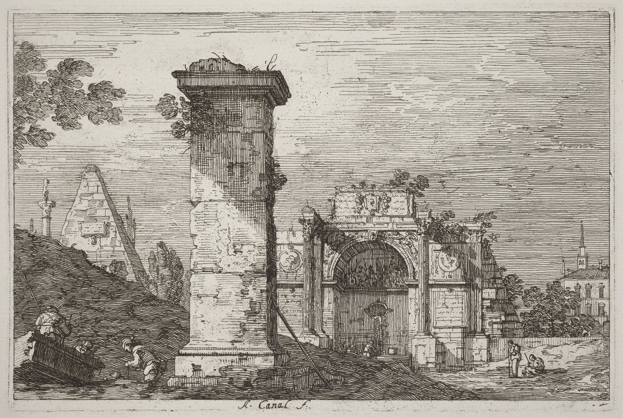 Landskap med ruinmonument [till höger] av Canaletto