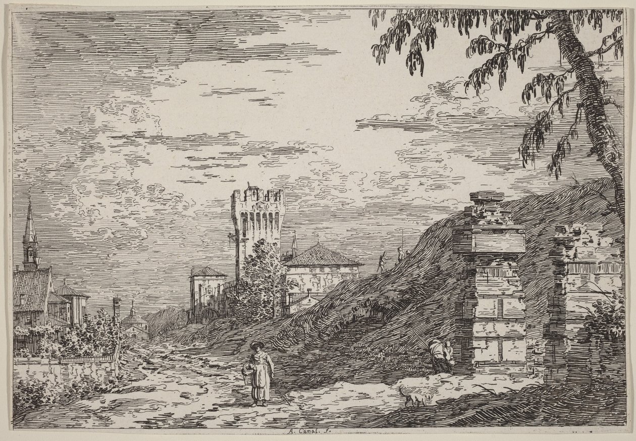 Landskap med torn och två förstörda pelare av Canaletto