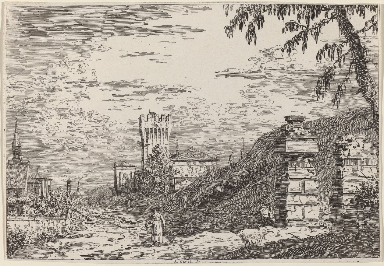 Landskap med torn och två förstörda pelare, ca. 17351746. av Canaletto