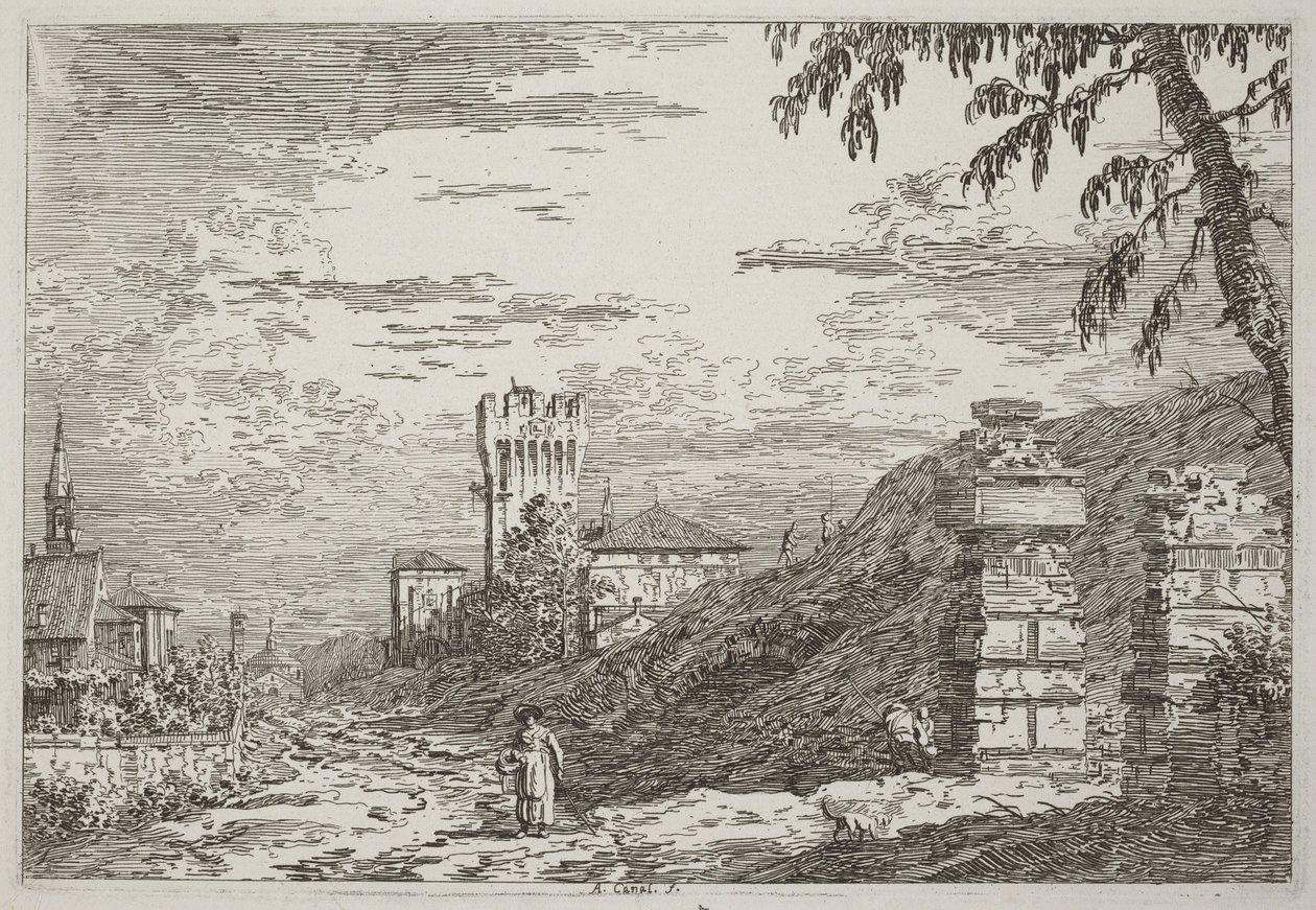 Landskap med torn och två förstörda pelare [vänster] av Canaletto