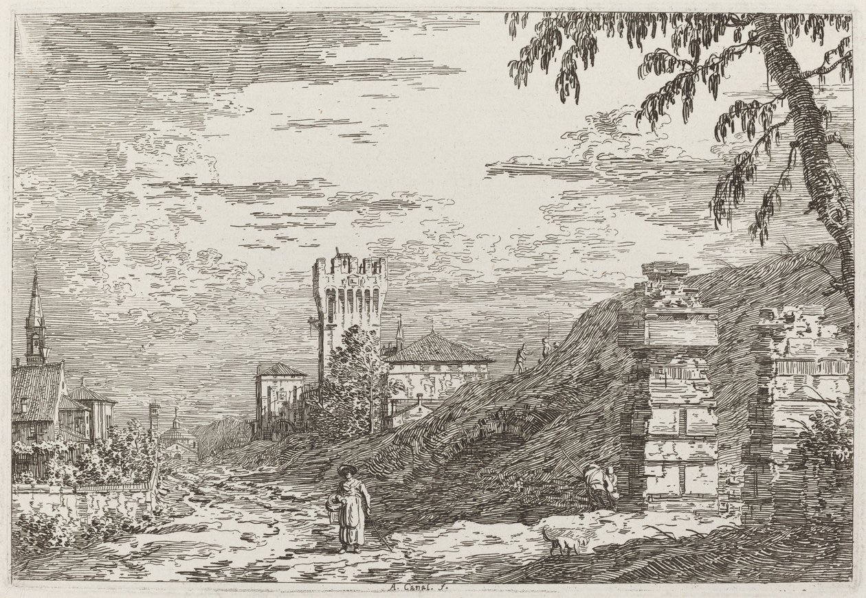Landskap med torn och två förstörda pelare [vänster], ca. 17351746. av Canaletto