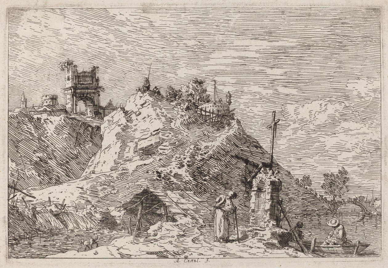Landskap med pilgrimen vid bönen, ca. 17351746. av Canaletto