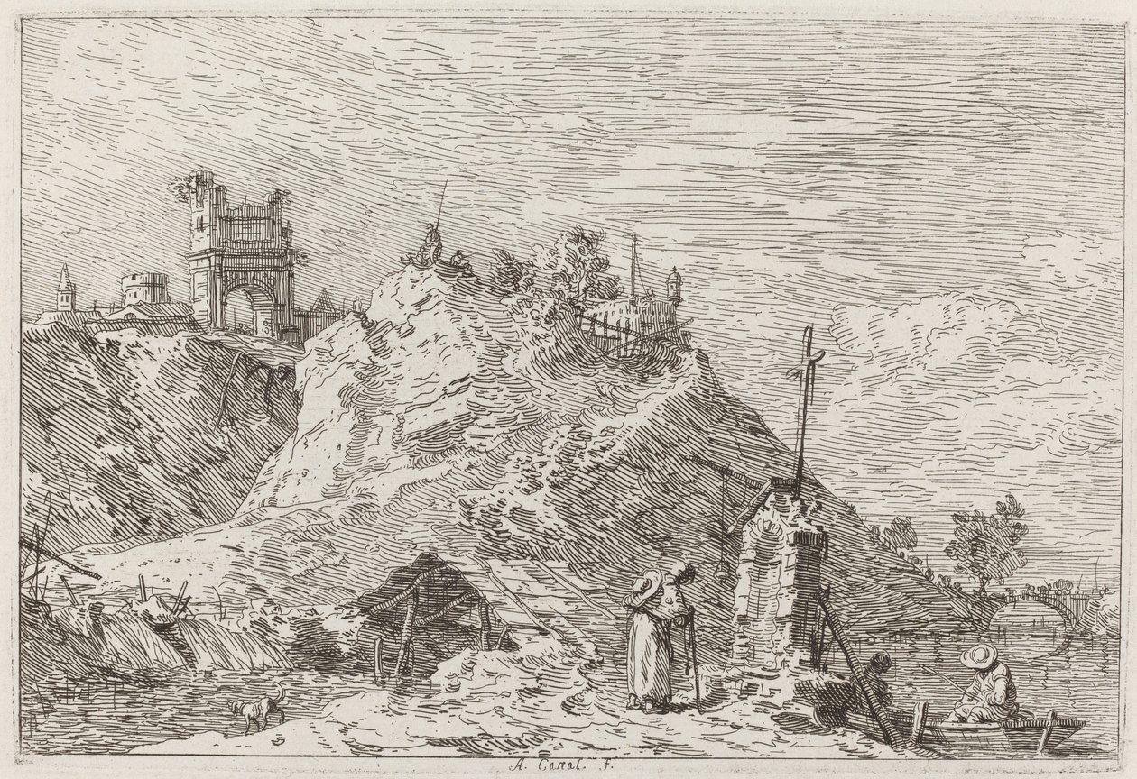 Landskap med pilgrimen vid bönen [övre till vänster] av Canaletto