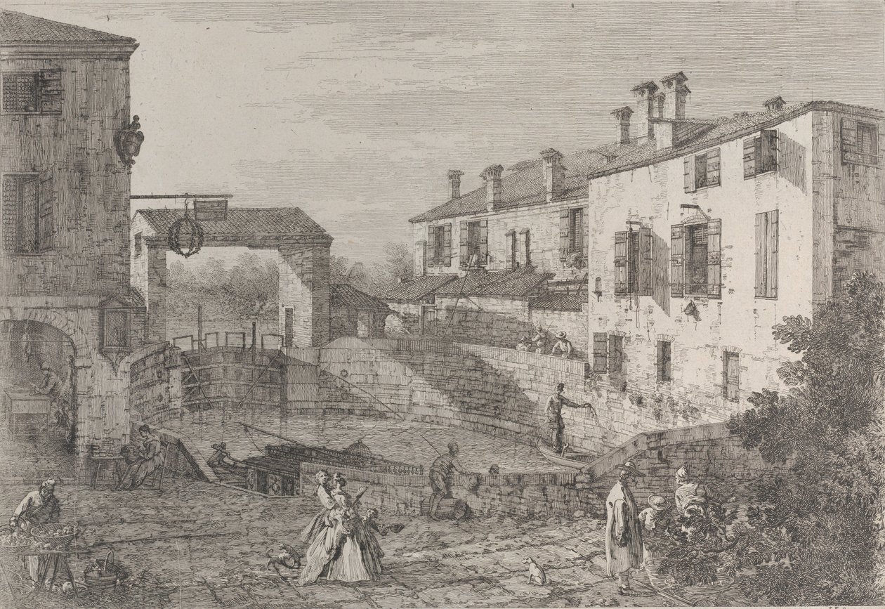 Le porte del Dolo: den ovala bassängen för slussarna vid Dolo, med en pråm förtöjd vid kajen..., 1735-46. av Canaletto
