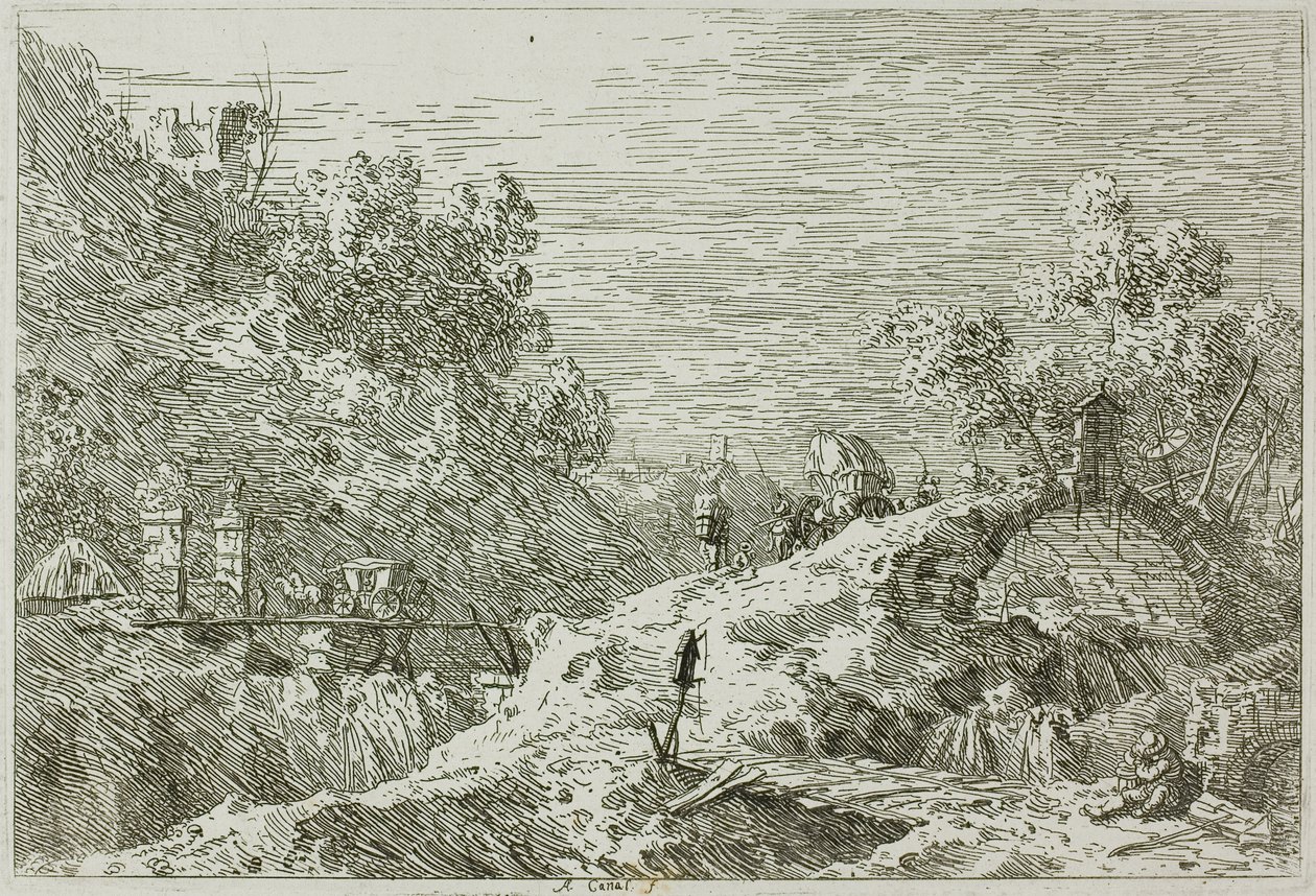 Bergslandskap med fem broar, från Vedute av Canaletto