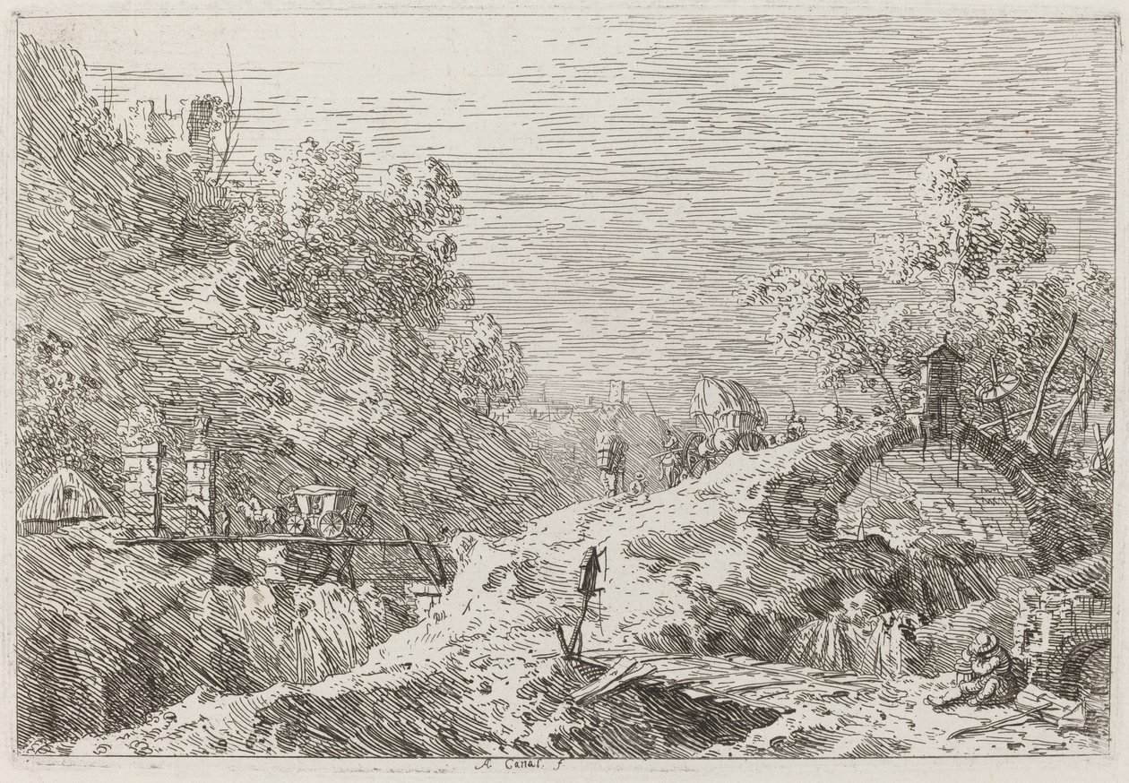 5つの橋のある山の風景[右下]、c。 17351746. スウェーデン語 av Canaletto