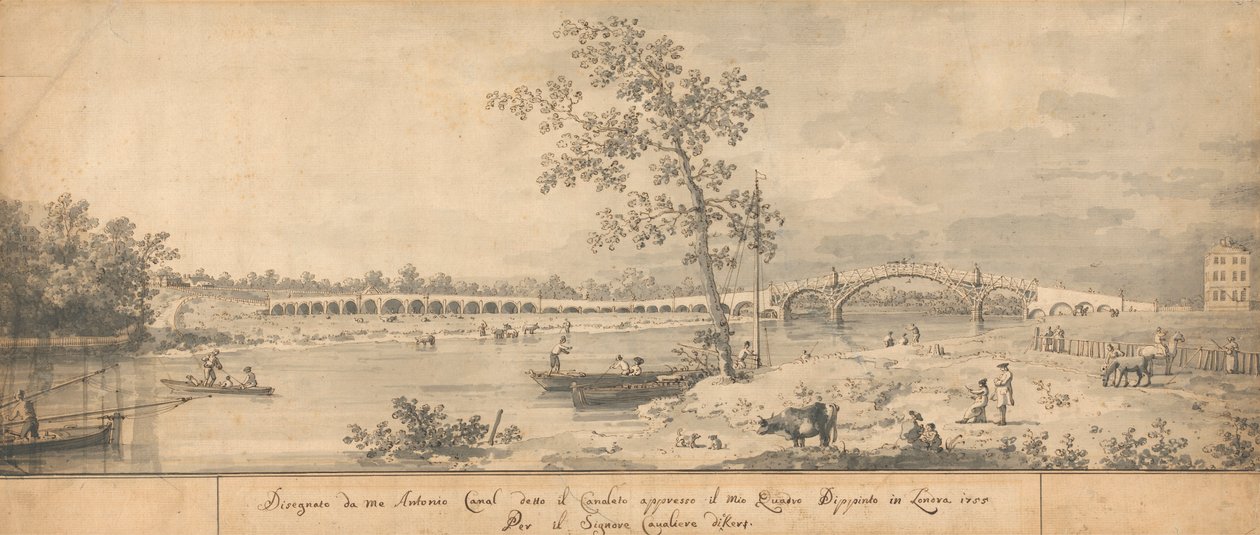 Old Walton Bridge sett från Middlesex Shore av Canaletto