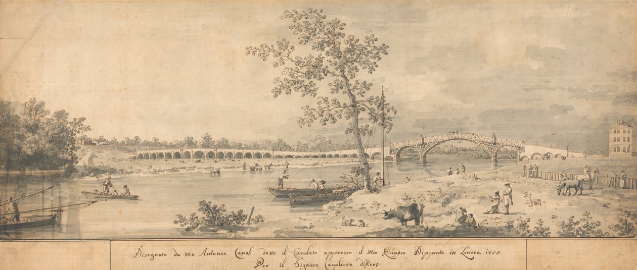 Old Walton Bridge sedd från Middlesex Shore av Canaletto