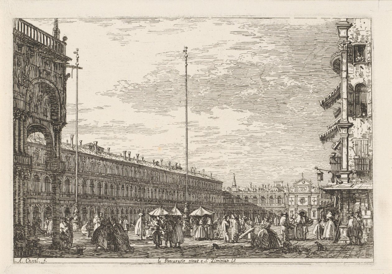Piazza San Marco Le procuratie niove e S. Ziminian V. (titel på objekt) Ansikten på befintliga och påhittade platser (serietitel) Vidute altre prese da i Luoghi altre ideate av Antonio Canal (serietitel) av Canaletto