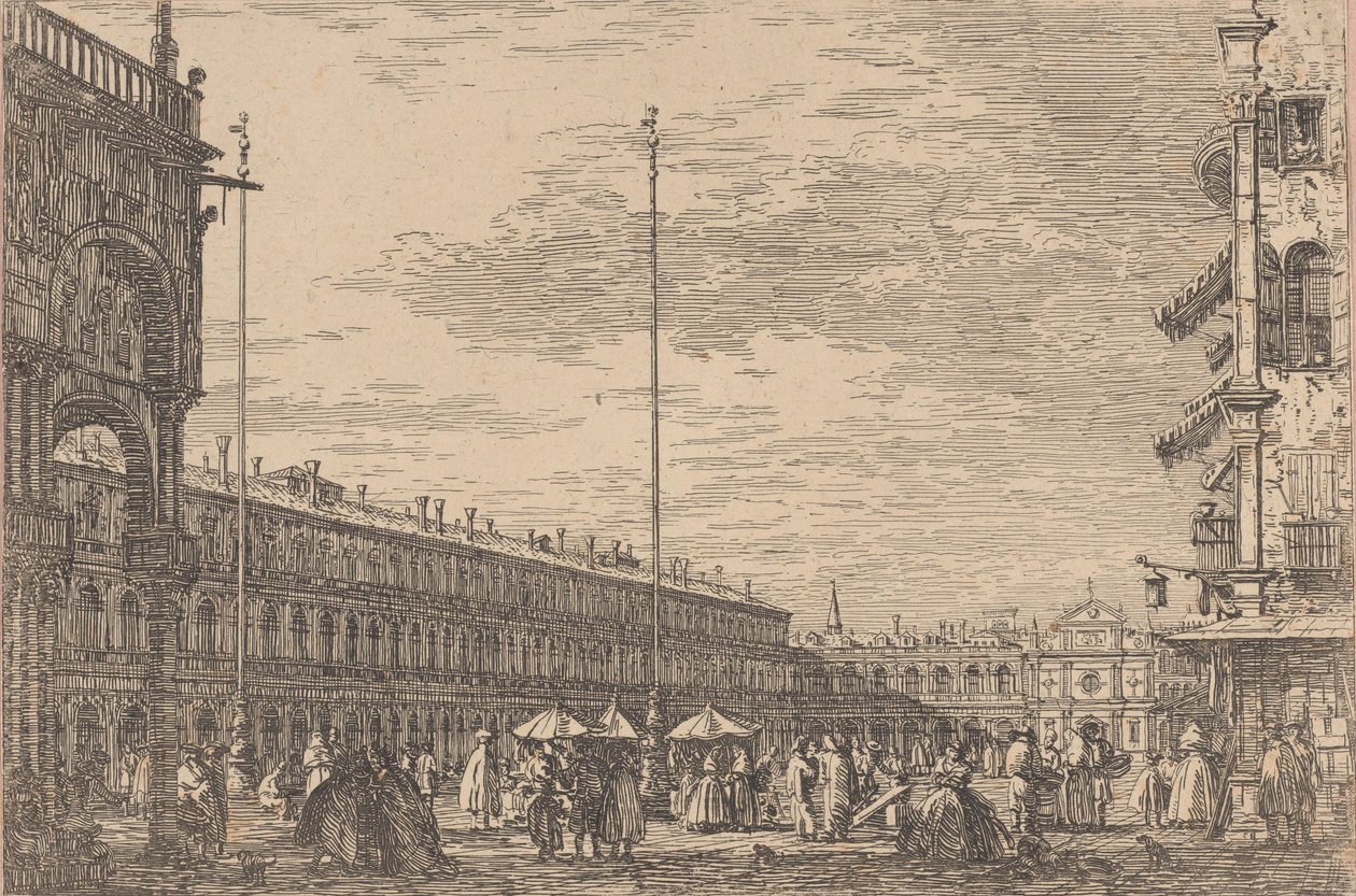 Piazza San Marco med Procuratie Nuove till vänster och kyrkan San Geminiano ..., 1735-46. av Canaletto