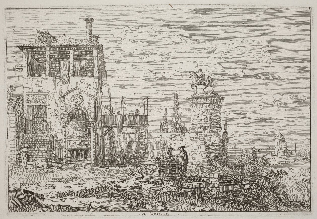 Ryttarmonumentet [uppe till höger] av Canaletto