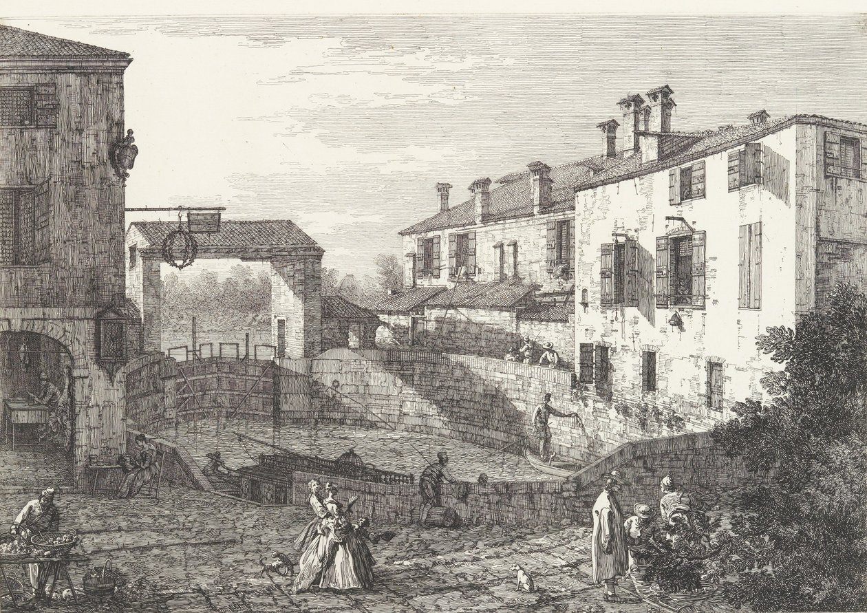 The Locks at Dolo, en oval-formad bassäng med båtar i mitten, byggnader på båda sidor,..., 1735-46. av Canaletto