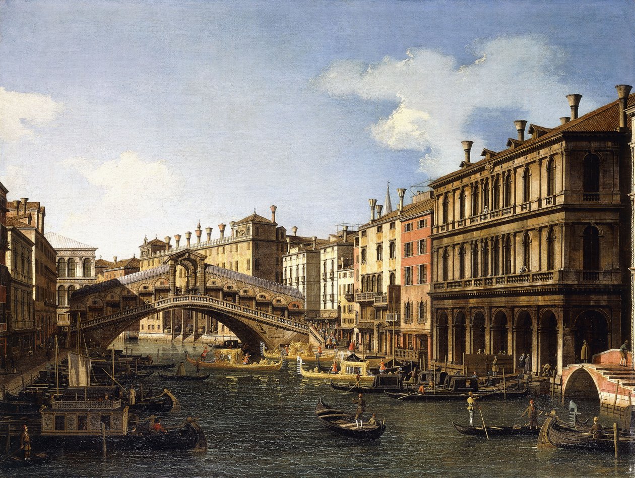 Rialtobron, Venedig, från söder med ombordstigningen av prinsen av Sachsen under hans besök 1740, av Giovanni Antonio Canal