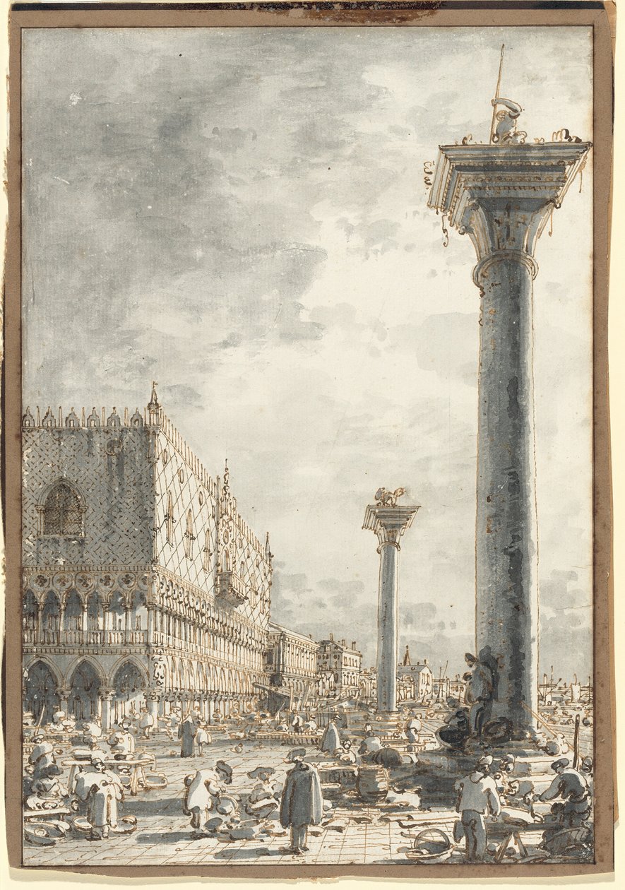 Riva degli Schiavoni sett från marknaden vid piren av Canaletto