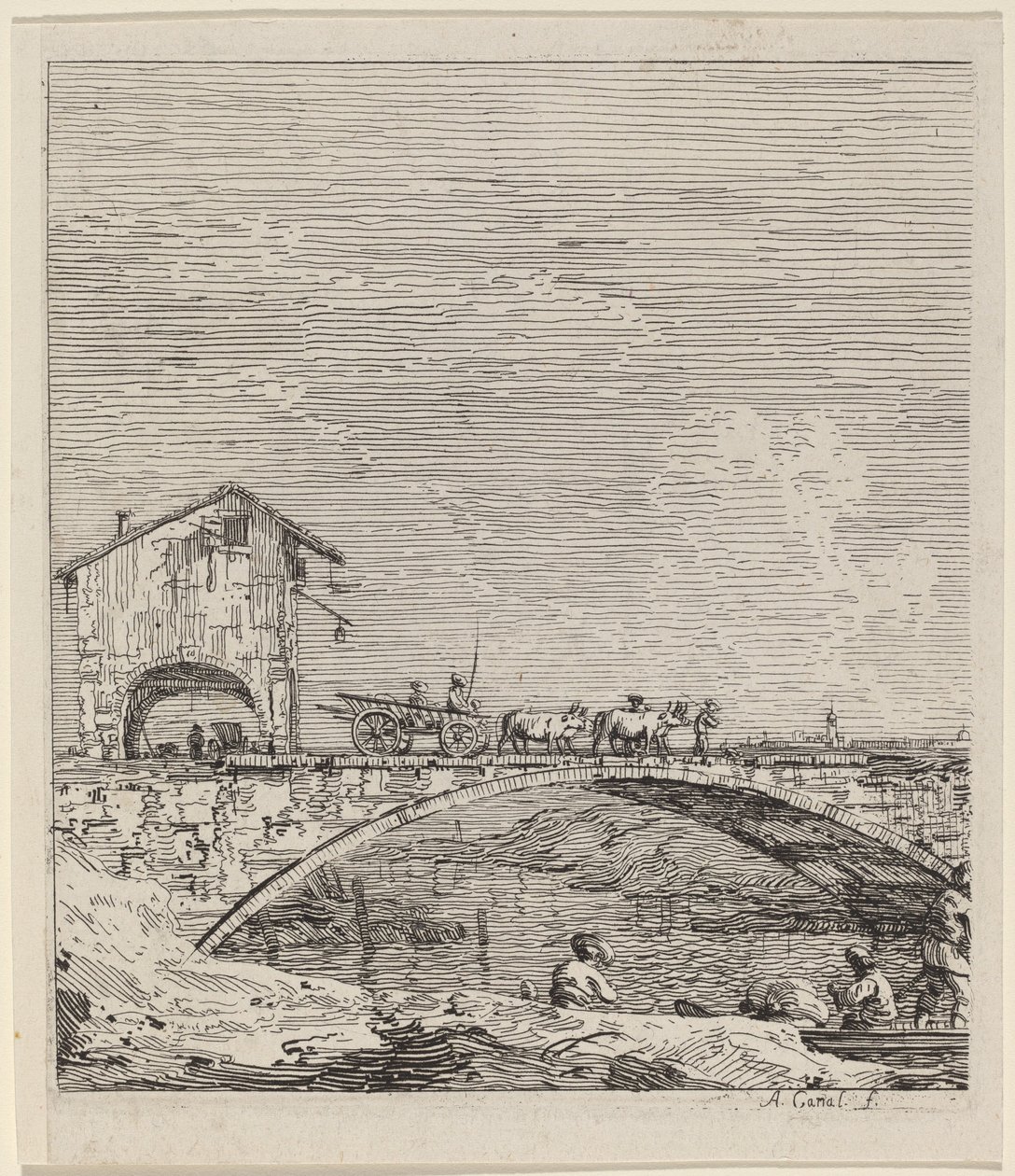 Vagnen som passerar över en bro av Canaletto
