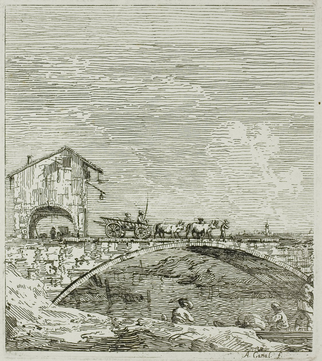 Vagnen som går över en bro, från Vedute av Canaletto