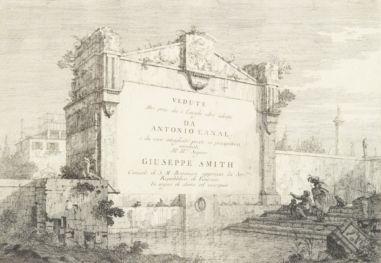Titelblad med en stor vägg av en klassisk ruin, med en figur sittande till höger i..., 1735-46. av Canaletto