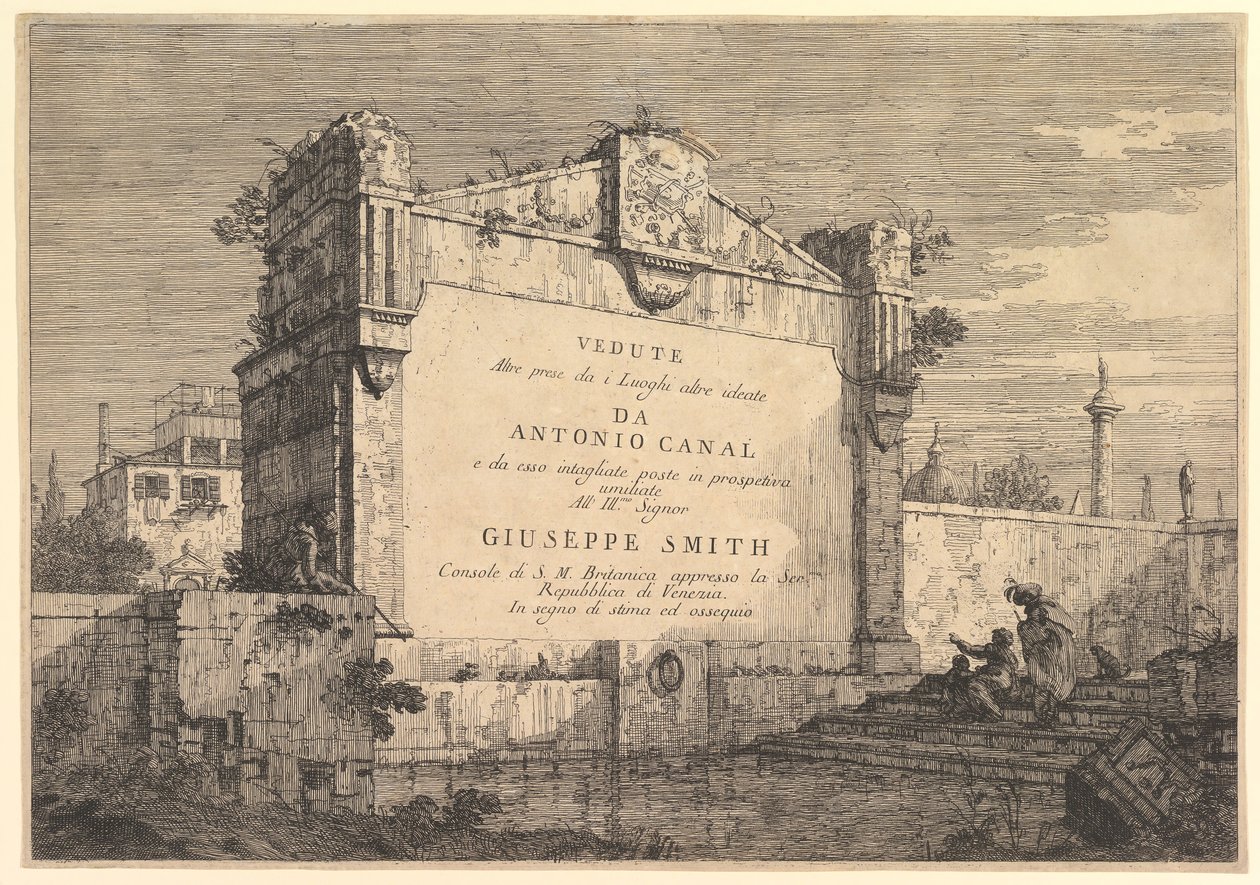 Titelskylt över åsikter andra tagna från andra tänkta platser, med titel och publicering ..., 1735-46. av Giovanni Antonio Canal