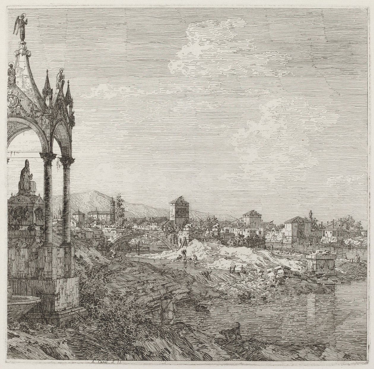 Utsikt över en stad med en biskopsgrav, ca. 17351746. av Canaletto