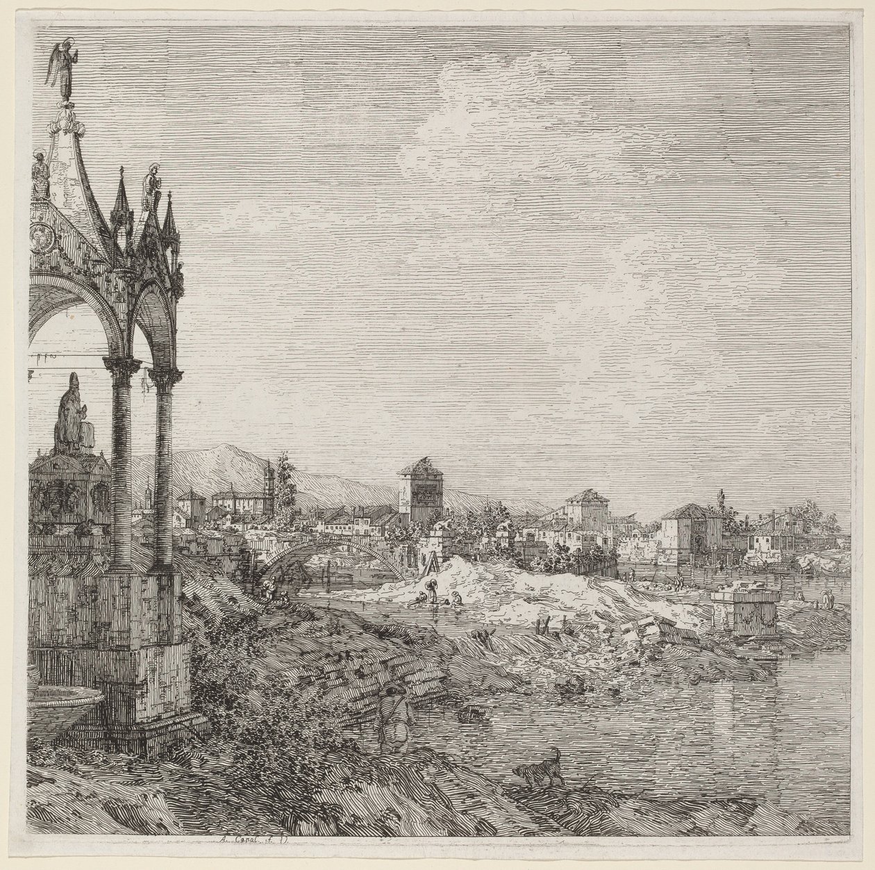 Utsikt över en stad med en biskopsgrav, ca. 1740. av Canaletto
