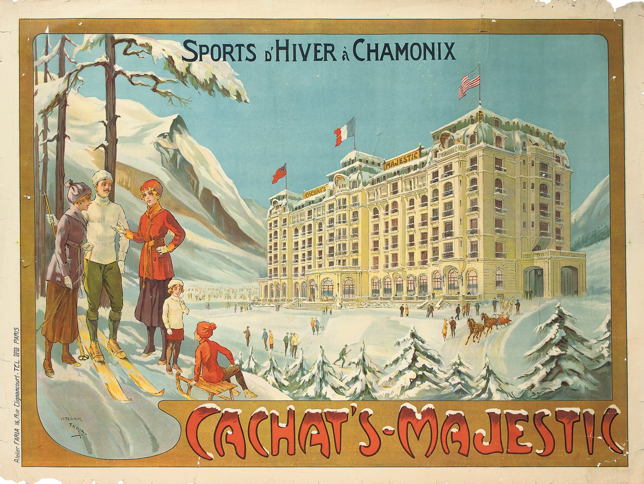 Affisch som annonserar hotellet "Cachat"s Majestic" och vintersport i Chamonix, ca 1910 av Candido Aragonez de Faria