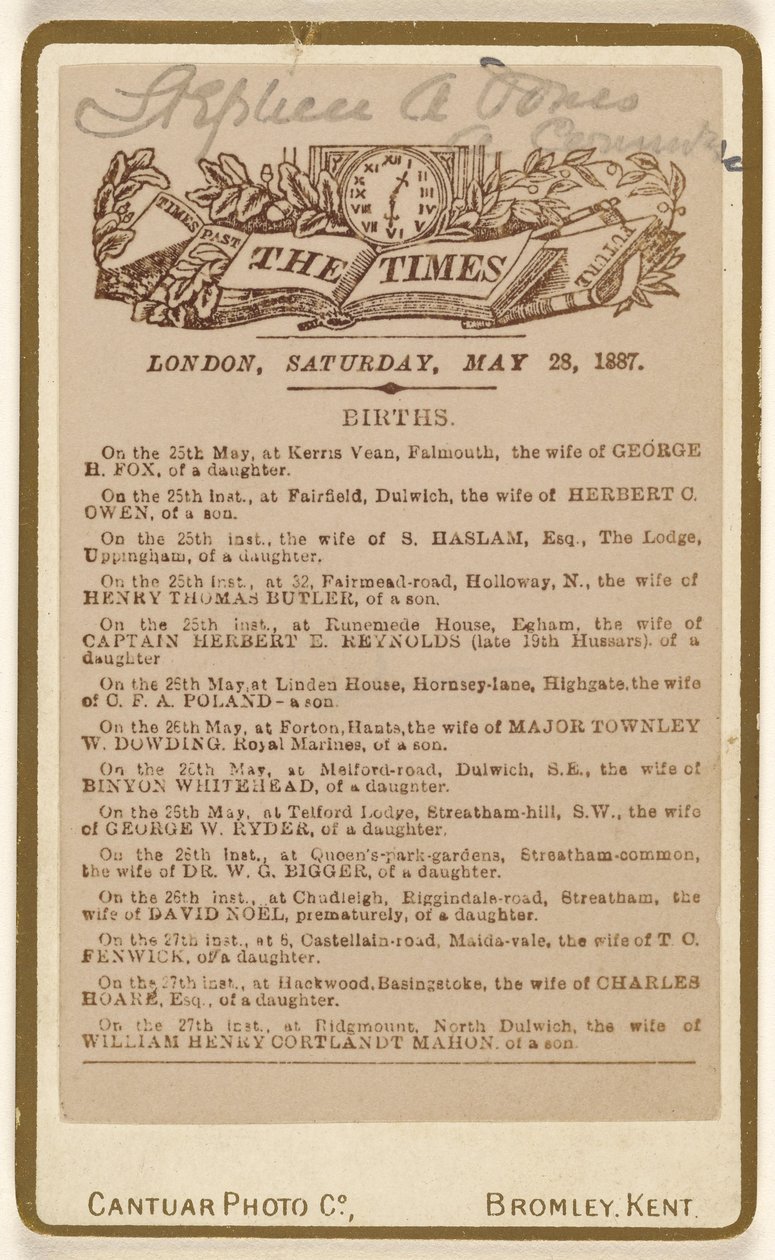 [Födelseannonssida från "The Times", London, lördagen den 28 maj 1887] av Cantuar Photographic Company
