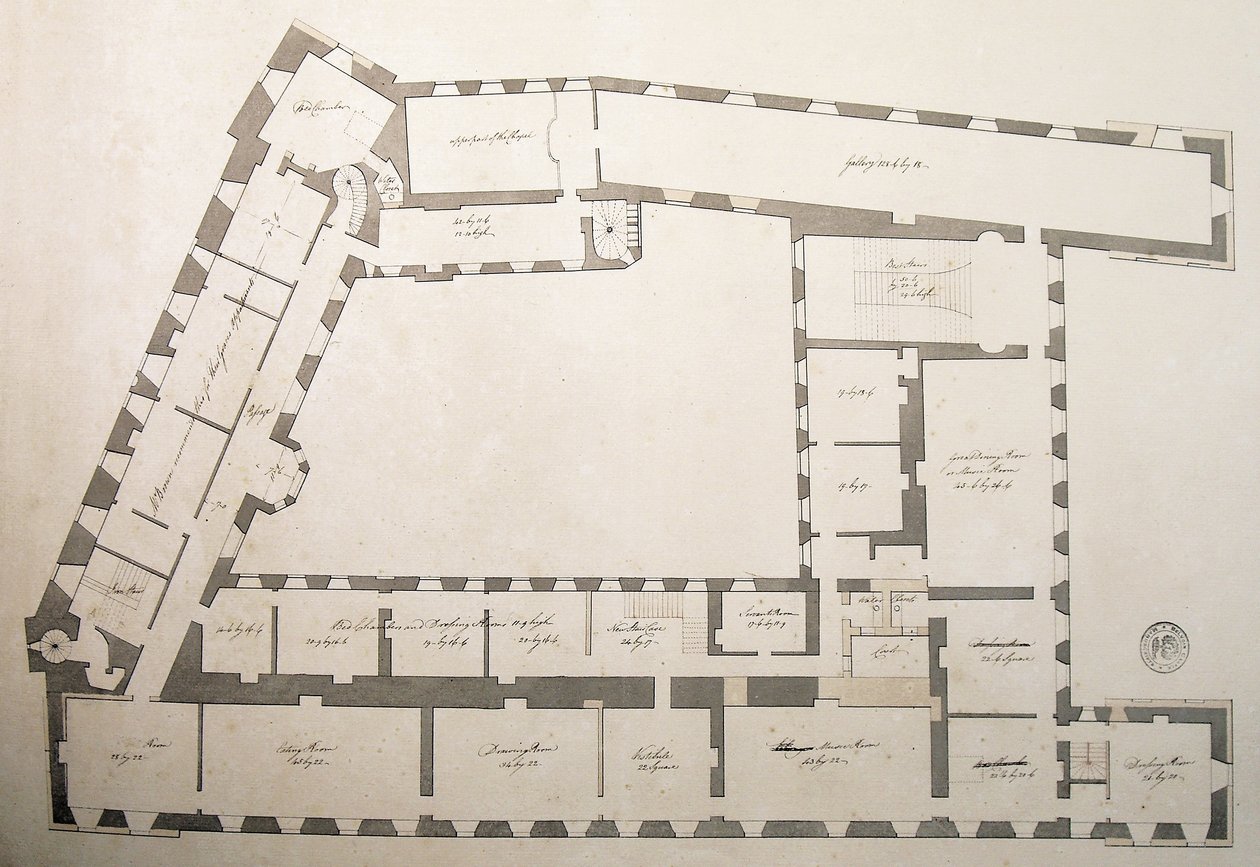 Plan för ändringar av det tredje slottet (penna och bläck med tvätt på papper) av Capability Brown