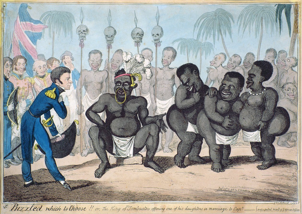 "Jag är förbryllad över vad jag ska välja!! Eller kungen av Tombuctoo som erbjuder en av sina döttrar till kapten ___. Anticipated result of a African Mission", publicerad 1821 av G. Humphrey, 1818 (gravyr w av Capt. E. Judel