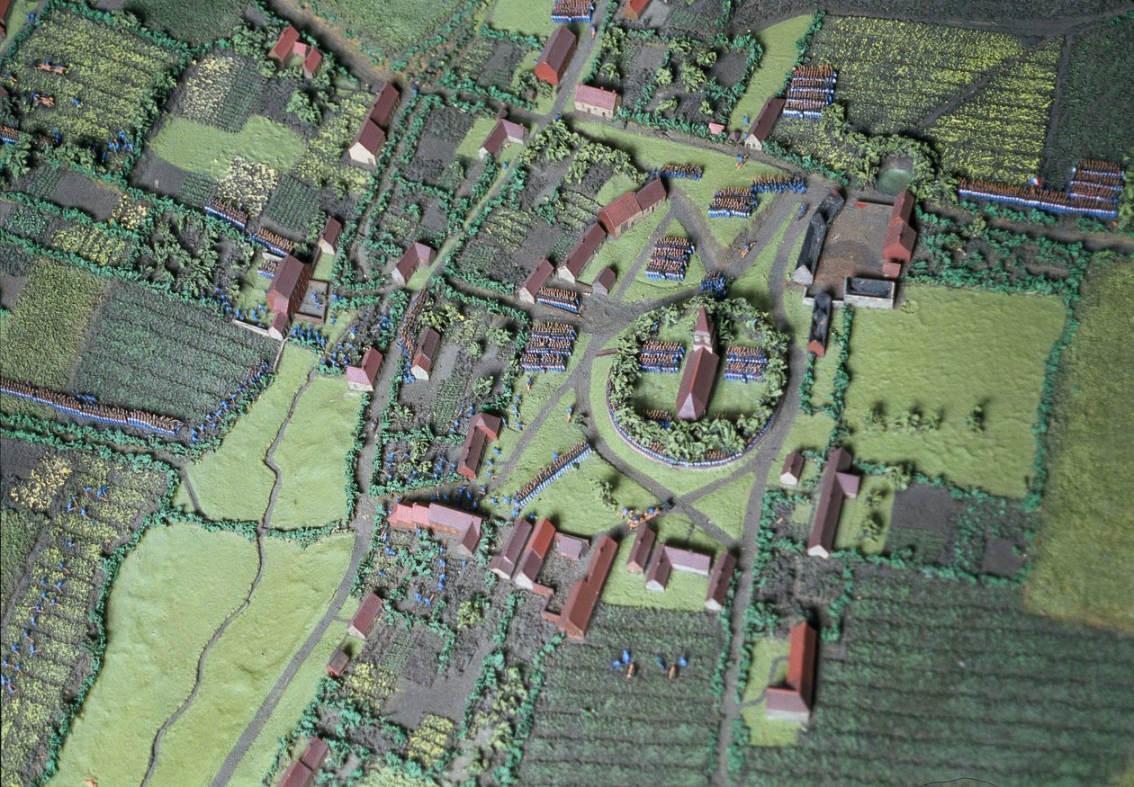 Diorama av slaget vid Waterloo med trupper i positioner kl. 19.45 den 18 juni 1815 (blandad media) (detalj) av Capt. William Siborne