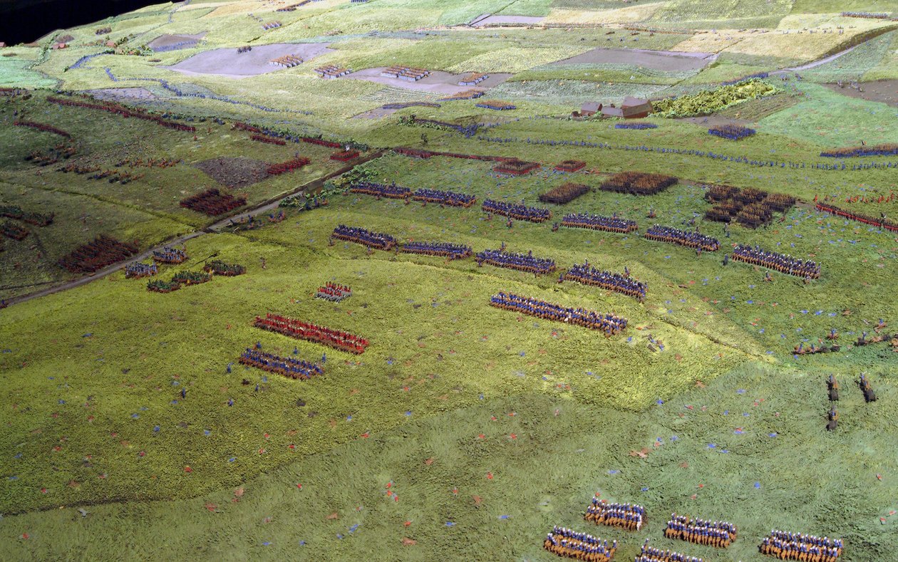 Diorama från slaget vid Waterloo som visar trupper placerade kl. 19.45 den 18 juni 1815 (blandade media) (detaljer) av Capt. William Siborne