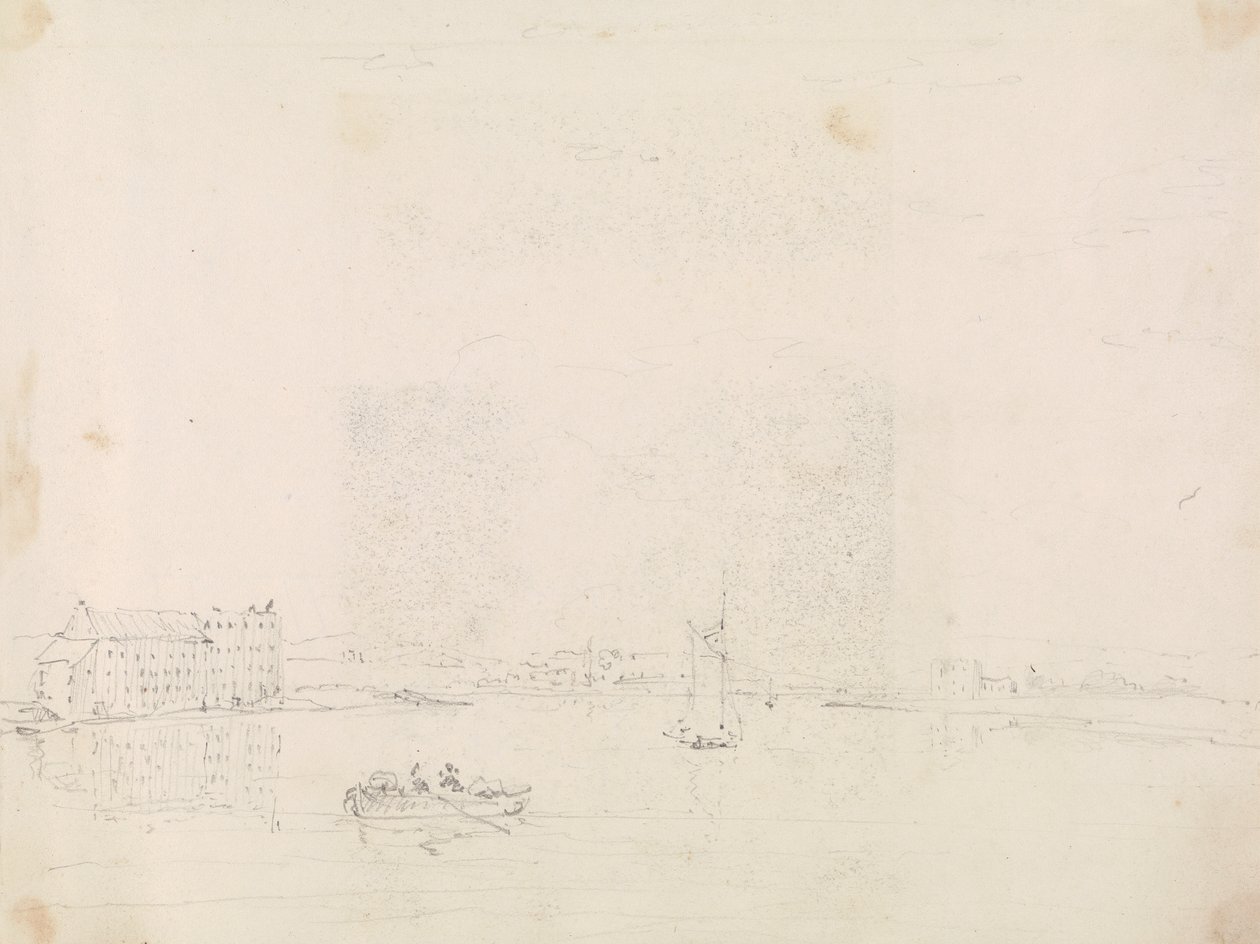 Skiss av båtar och en stor byggnad, från andra sidan Medinafloden av Capt. Thomas Hastings
