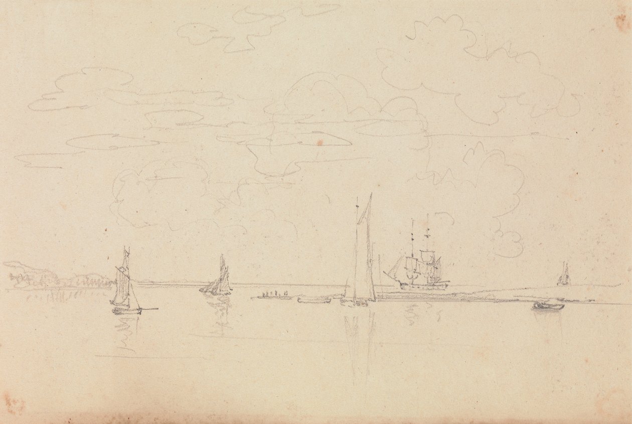 Skiss av segelbåtar i en hamn av Capt. Thomas Hastings