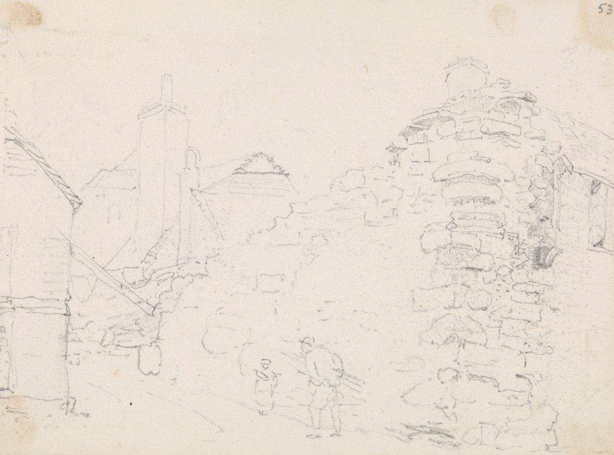 Skiss över stenstugor i en by av Capt. Thomas Hastings