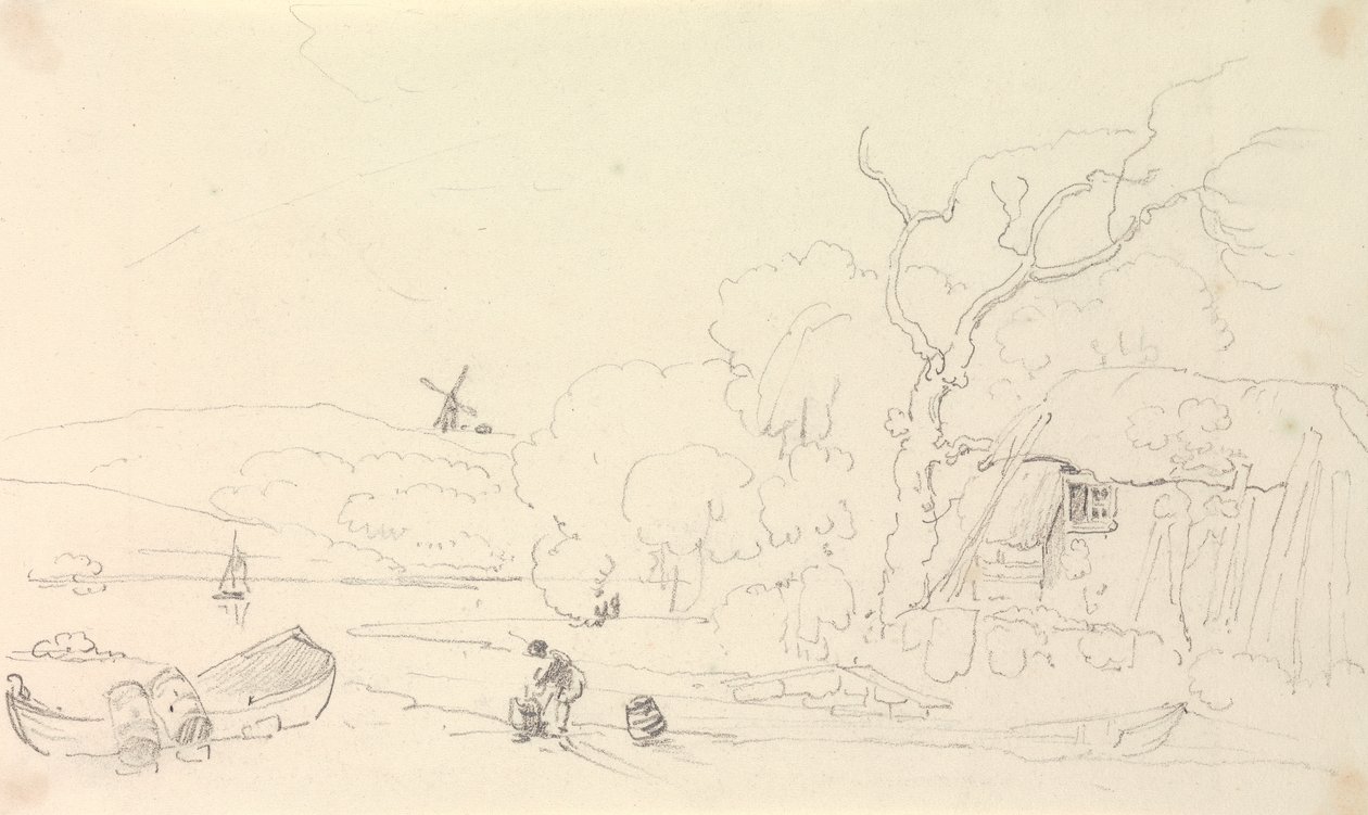 Skiss av en stuga vid floden med en väderkvarn i fjärran av Capt. Thomas Hastings