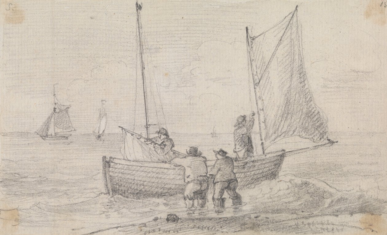 Skiss av en grupp som förbereder seglen nära stranden, Hastings av Capt. Thomas Hastings