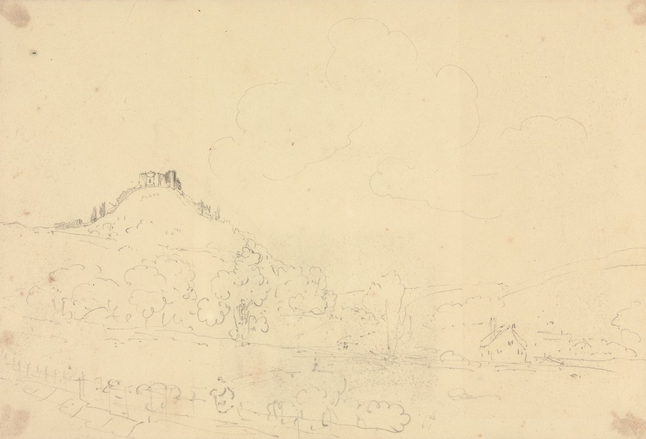 Skiss av ett slott på kulle med hus nedan av Capt. Thomas Hastings