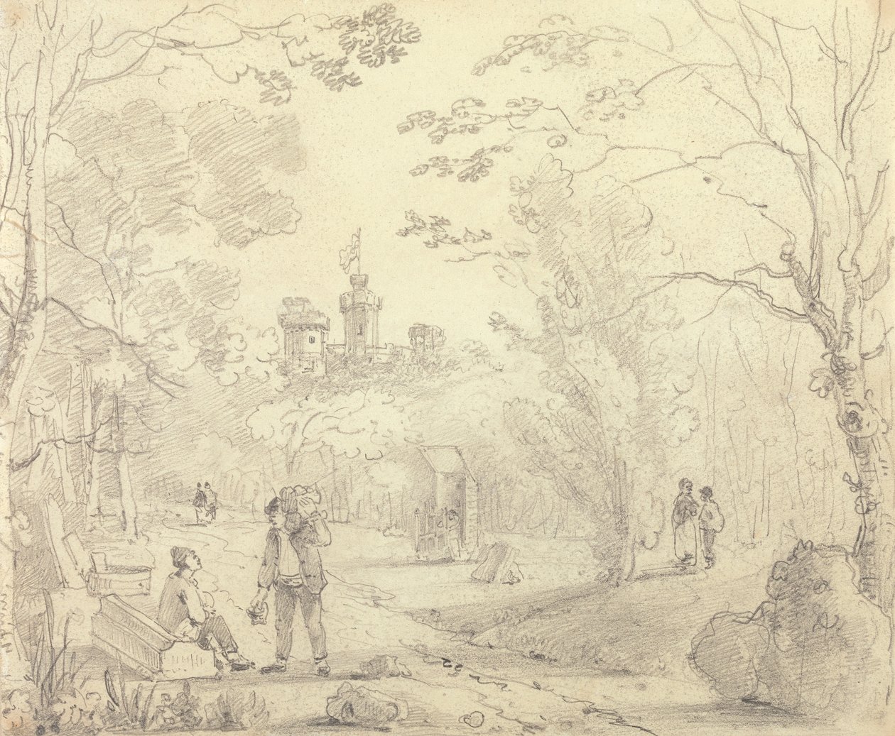 Skiss av en parkscen med East Cowes Castle i fjärran, Isle of Wight av Capt. Thomas Hastings