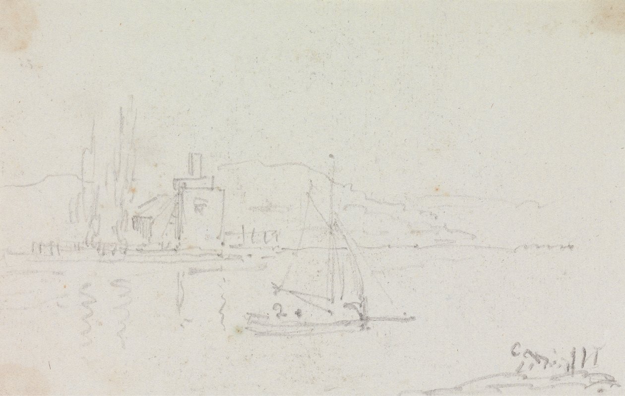 Skiss av en segelbåt och en byggnad på stranden av Capt. Thomas Hastings
