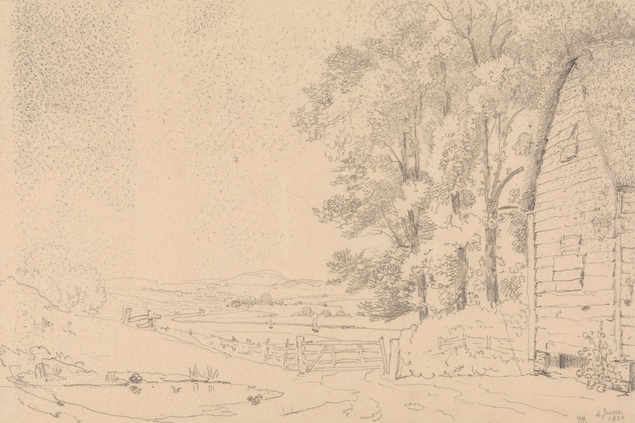 Skiss av en byggnad med halmtak och en flod bortom av Capt. Thomas Hastings