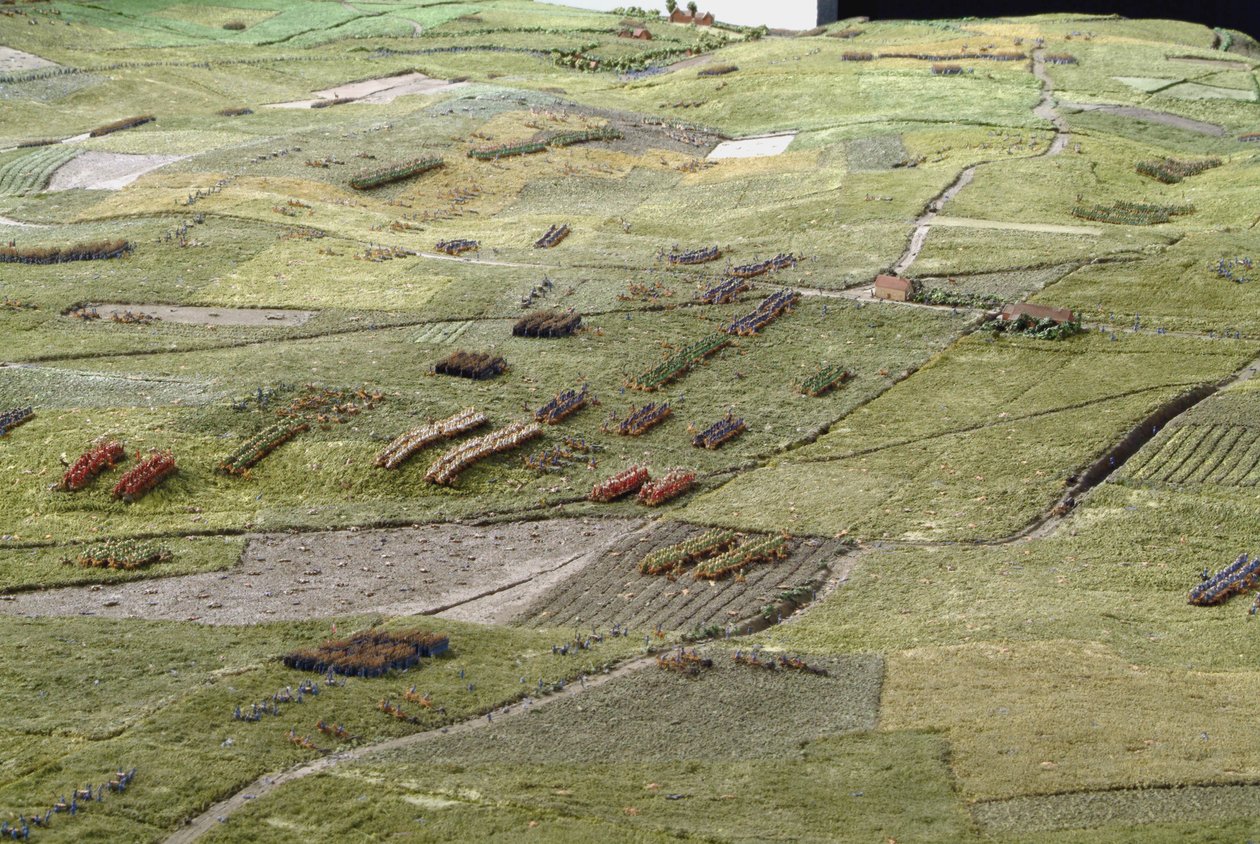Diorama från slaget vid Waterloo som visar trupper placerade kl. 19.45 den 18 juni 1815 (blandade media) (detaljer) av Capt. William Siborne
