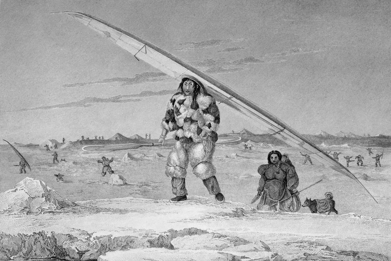 En eskimaux från Igloolik, iklädd en jacka i fågelskinn, bärande sin kanot ner till vattnet, från 