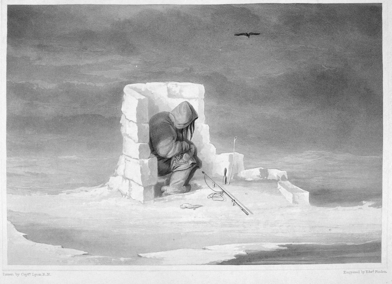 En eskimaux som tittar på ett sälhål, från "Journal of a Second Voyage for the Discovery of a North West Passage from the Atlantic to the Pacific framförd under åren 1821-22-23", av William Edward Parr av Captain George Francis Lyon