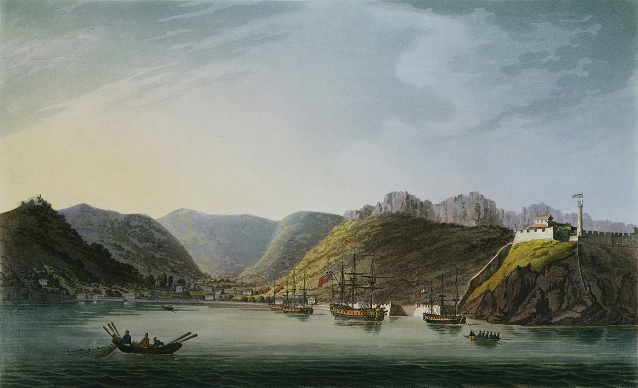 Utsikt över västra sidan av Porto Ferraio-bukten, Elba, graverad av Francis Jukes (1747-1812) publicerad av J. Daniell, april 1814 av Captain James Weir