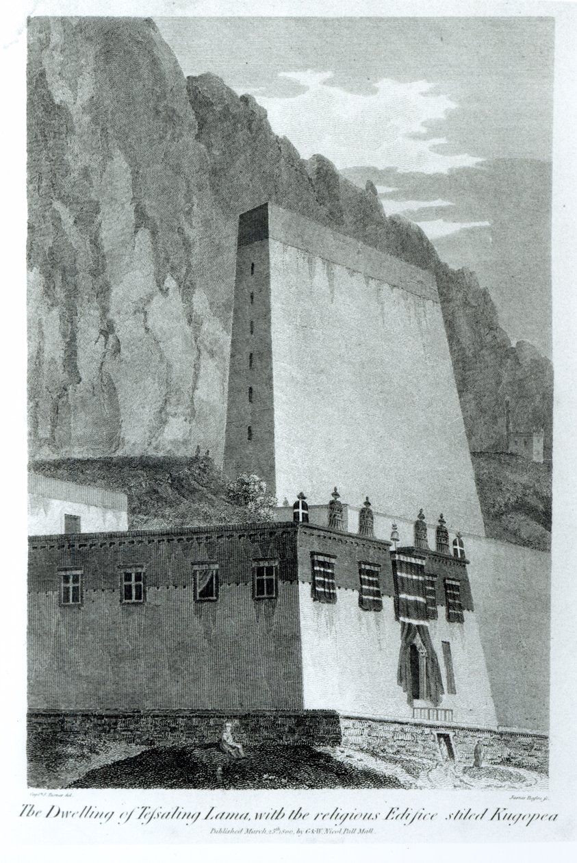 Tefsaling Lamas bostad med den religiösa byggnaden Stiled Kugopea, från "Account of an Embassy to the Court of the Teshoo Lama in Tibet" av kapten Turner, publicerad 1800 (svart foto) av Captain Samuel Turner