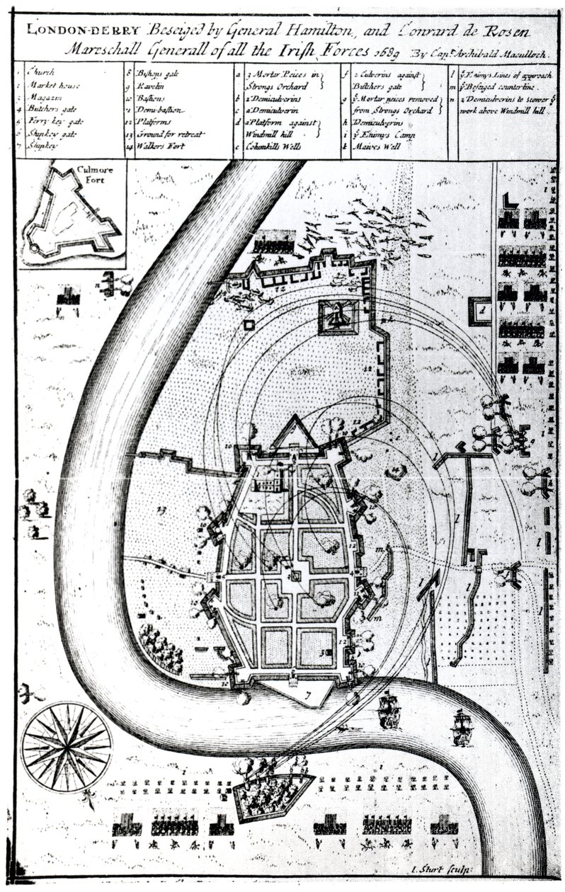 Londonderry Belägrad av general Hamilton och Conrad de Rosen, graverad av J. Sturt, 1689 av Captain Archibald Maculloch