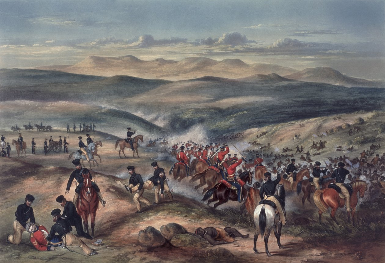 Slaget vid Gwanga, Godahoppsudden, den 8 juni 1846 (akvatint i färg) av Captain Carey