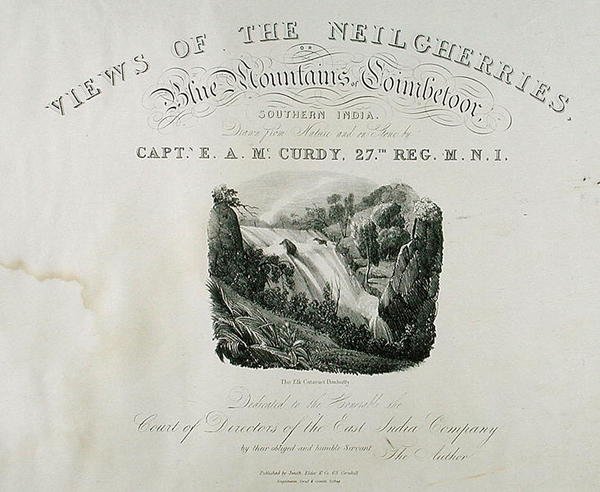 The Elk Cataract, Dimhutty, titelsida för View of the Neilgherries, or Blue Mountains of Coimbetoor, Southern India av kapten McCurdy, publicerad 1830 av Captain E. A. after McCurdy